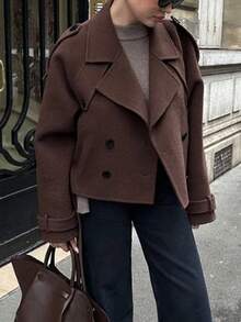 Áo khoác ngắn ve hai hàng khuy đơn sắc màu tối thanh lịch dành cho nữ, thích hợp mặc hàng ngày, đi làm, giải trí tại nhà, trở lại trường học và các dịp khác - màu nâu - Xem 6