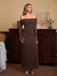 PARTHEA Off Shoulder Ruched Sequin Mesh Long Dress - Brown - View 7