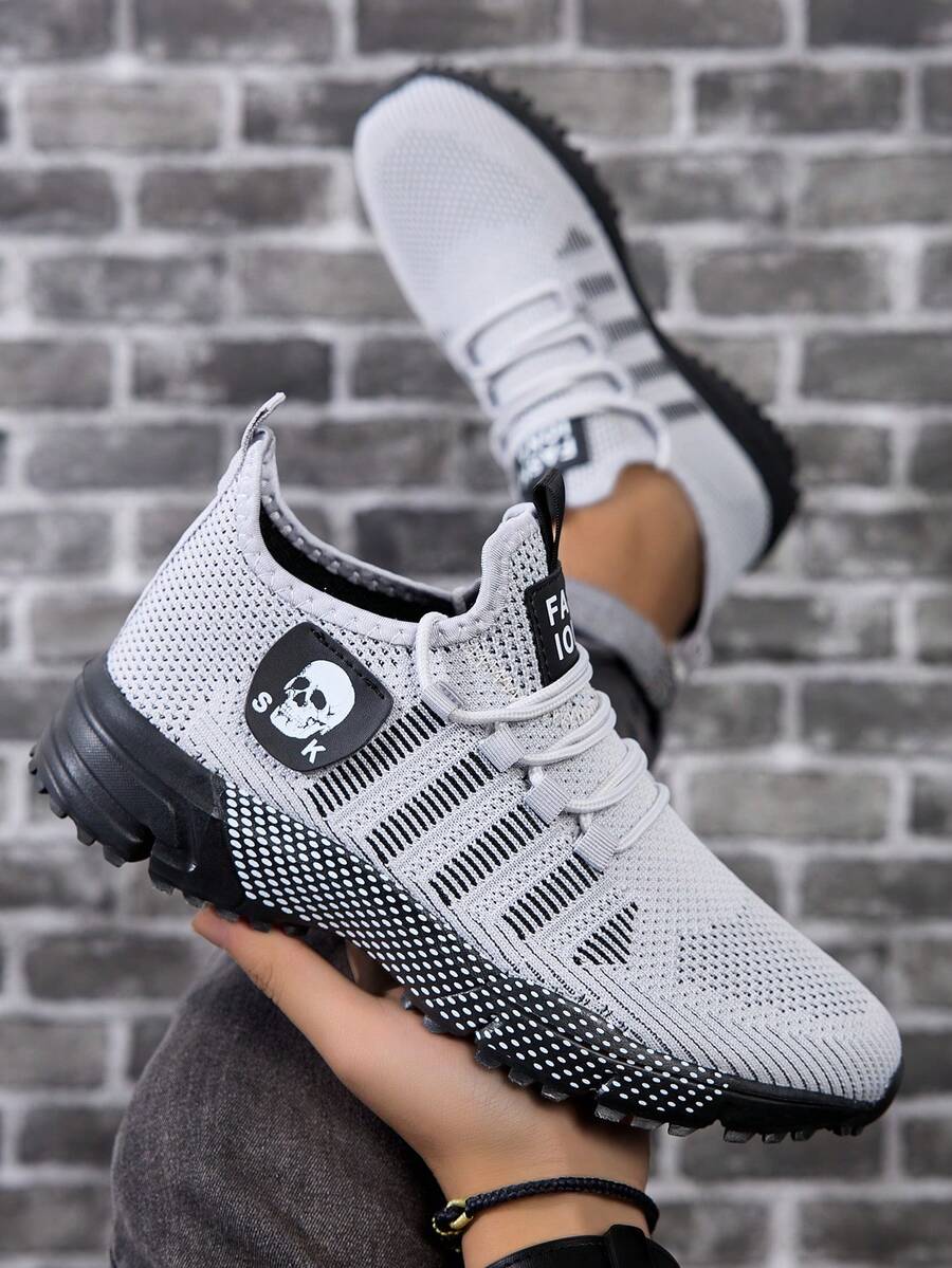 Men's Breathable Knit Casual Sports Running Shoes, Suitable For All Seasons - Grey - View 1