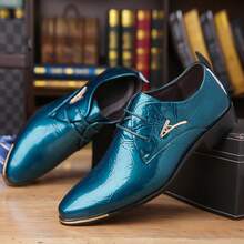 Men's Metallic Patent Leather Lace-Up Dress Shoes - Crinkled Texture & Metal Accent With Trimmed Sole Sleek Eye-Catching Footwear For Parties, Weddings & Formal Events - 綠色 - 查看 4