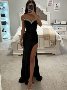 Basrey Black Strapless Hot Stamping Diamond V-Neck High Slit Backless Evening Gown Fishtail Skirt Long Dress, Perfect For Attending Formal Dinners And Ceremonies - Black - View 5