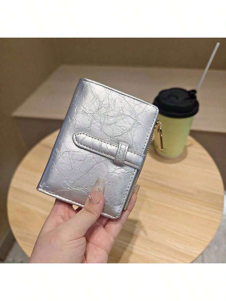 レトロ 二つ折り 引きひも 財布 女性 コンパクト レディース ミニ財布 革小物 ギフト 誕生日プレゼント - シルバー - チェックする 1