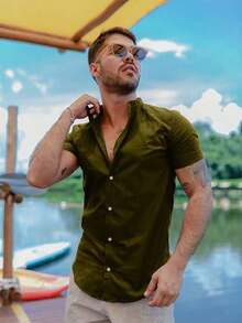 Men's Short-Sleeve Shirt With Mandarin Collar And Linen-Look - Assorted Colors - Comfortable - 軍綠色 - 查看 6