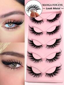 Asiteo 5 Pairs Cartoon Fox Eye Eyelashes, New Craft Soft & Comfortable Faux Eyelashes With Extension Effect, Cat Eye Lifted Tail Style, Reusable, Suitable For Eyelash Extension Enthusiasts, Personalized Seekers And Makeup Bloggers - 漫畫款濕睫毛 - 查看 6