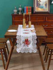 1pc White Lace Edged Table Runner, Polyester Embroidered Dust-Proof Heat-Resistant Lace Decor Table Runner, Suitable For Dining Table, Coffee Table, Buffet, Christmas Decoration, Daily Home Use, Wedding And Holiday Party - White - View 1