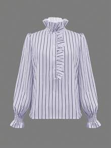 Women's Fashion Striped Ruffle Button Elegant Long Sleeve Versatile Blouse, Polyester, Striped, Suitable For Work, Spring/Summer - Baby Blue - View 5