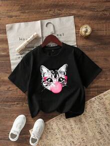 Tween Girls' Casual Funny Print Crew Neck Short Sleeve T-Shirt Top, For Summer - Black - View 3