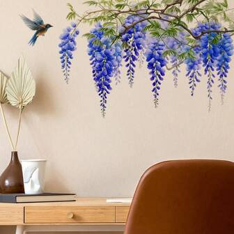 Wisteria Flowers Plant Wall Stickers, Wisteria Flowers And Bird, Removable Waterproof PVC Stickers, Suitable For Living Room, Office, Makeup Room Background Wall Decoration, Home Decoration