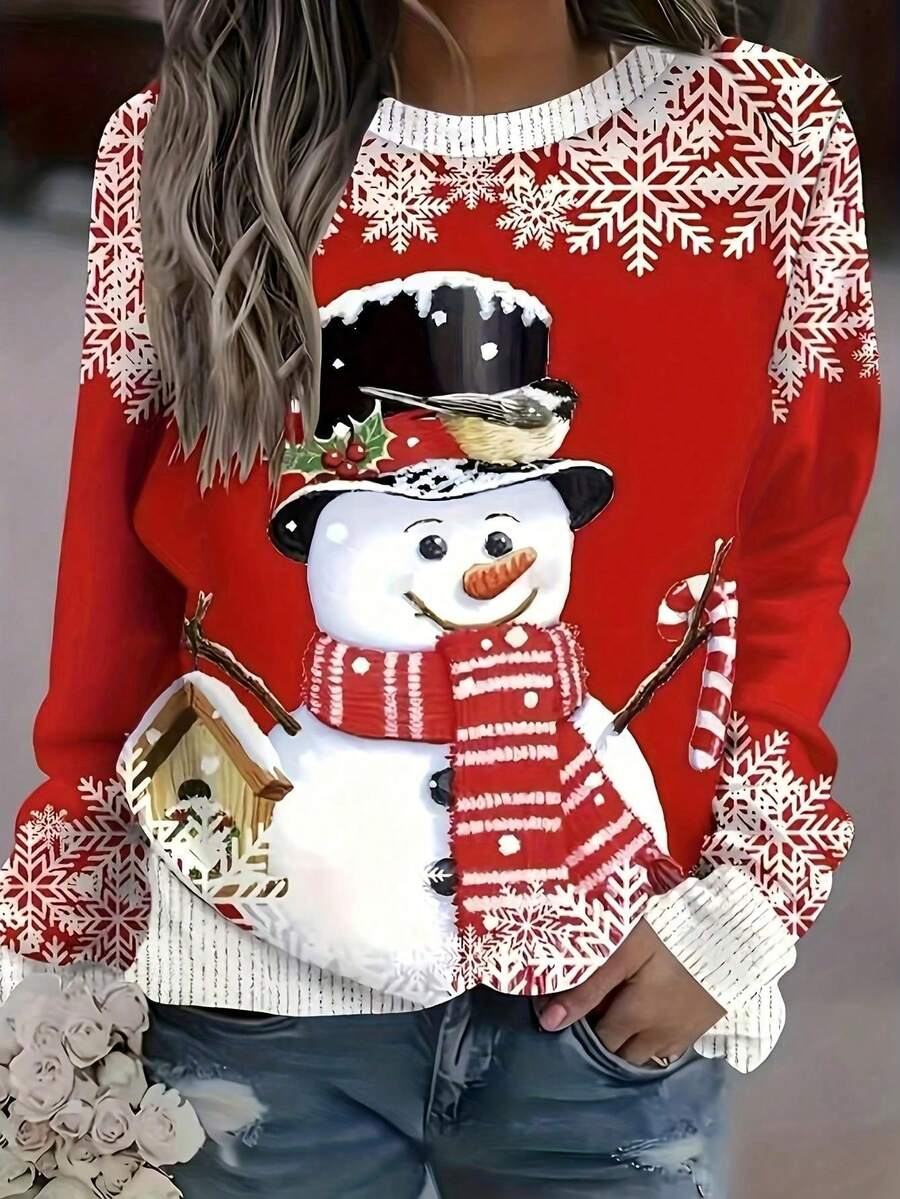 Christmas Snowman Print Casual Loose Long Sleeve Top - Red - View 1