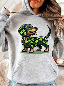Cute Dachshund Dog Hoodie Gray St Patrick's Day Clover Pattern Casual Wear For Women And Girls - Grey - View 2