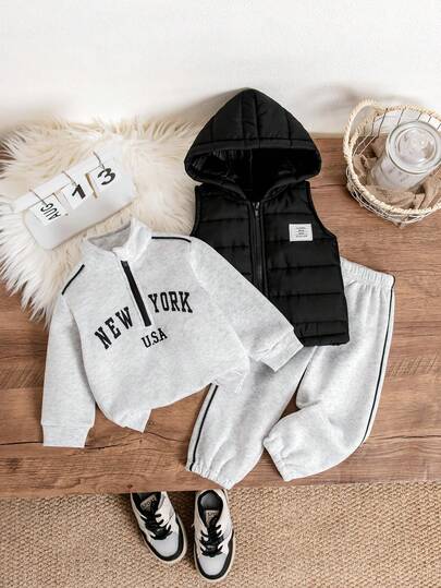 3pcs/Set Baby Boy Autumn/Winter New York Letter Print Polo Collar Solid Sweatshirt, Solid Color Pants And Hooded Vest Casual Fashion Outfit