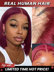 13*4 Transparent Lace Front Human Hair Wig, Pre-Plucked Brazilian Remy Hair Short Bob Wig, Wine Red Straight Hair 8-10 Inch Pixie Cut Wig