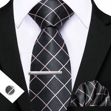 4pcs Men's Business Tie Dark Grey Black Plaid Checks Geometric Floral Jacquard Ties Formal Fashion Necktie Hanky Square Clip Set Wedding Party Gift - Multicolor - View 20