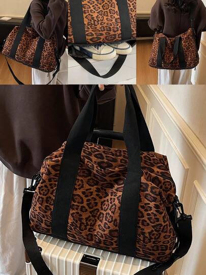 Suede Leopard Print Large Capacity Short Trip Duffle Bag, Lightweight Handbag Sports Gym Yoga Bag With Separate Shoe Compartment, Unisex Travel Luggage Bag, Back To School Student Luggage Storage Bag