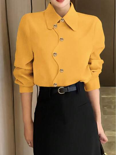 Women's Autumn Simple Solid Color Fashion Asymmetrical Button Shirt