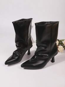 2025秋冬新款黑色尖头褶皱套脚高跟踝靴，宽筒设计，优雅通勤日常百搭时尚靴，黑色短靴，大码女鞋，猫跟 - 黑色 - 查看 4