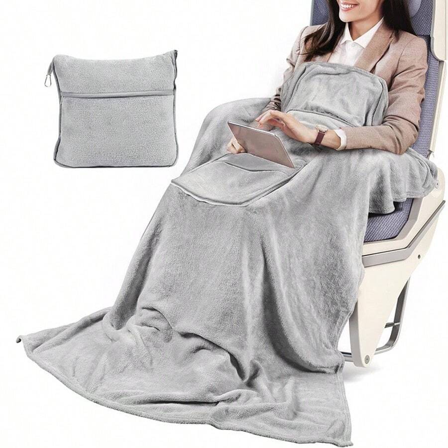 1 chiếc chăn du lịch đa năng, chăn trùm đầu có thể mặc kèm gối, chăn điều hòa 2 trong 1, chăn gối bằng vải flannel cho ô tô. - Nhiều màu - Xem 1