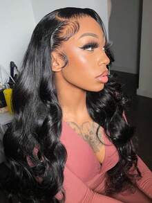 30 Inch Body Wave Lace Front Wigs Human Hair Pre Plucked 13x4 Transparent HD Lace Frontal Wigs For Women 200% Density Natural Black Body Wave Human Lace Wigs Glueless Wigs Full Of Body Wavy Curls With Baby Hair And Elastic Band, Can Be Middle Right/Left Side Part - Natural Black - 查看 5