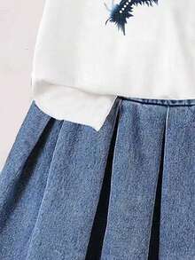 Young Girl Butterfly Print Short Sleeve Top And Denim Skirt Set - White - View 4