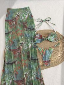 3pcs/Set Women's Sexy Floral Print Bikini With Backless Pearl Knot Criss-Cross Swimsuit And Mesh Skirt, Summer