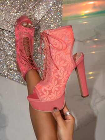 1 par moderiktiga mesh-lappverk för fest och utomhus, öppen tå, snörning, tjock klack för kvinnor, sandaler