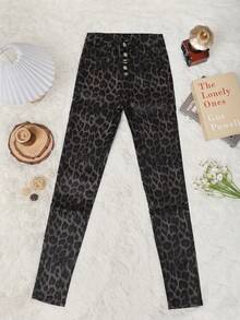 Blazique 女士高腰弹力纽扣门襟PU皮修身长裤，适合日常穿着。 - 彩色 - 查看 8