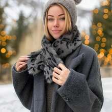 Womens Fur Collar Scarf Leopard Print Faux Fur Scarves For Women, Neck Shrug For Spring Fall Winter,LeopardPrintGrey - 豹紋灰色 - 查看 5