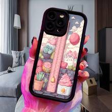 Cubierta de telefono con diseño de gato y cactus rosa para iPhone 14 Pro Max estuche protector con patrón de jardín encantador y regla decorativa ideal para amantes de los animales y plantas interiores Aplicable a teléfonos Apple y Galaxy - Burdeos - Ver 4