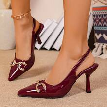女士小猫跟高跟鞋,尖头漆皮细高跟鞋,红色婚鞋伴娘鞋,百搭优雅成熟女士搭扣凉鞋 - 酒紅色 - 查看 13