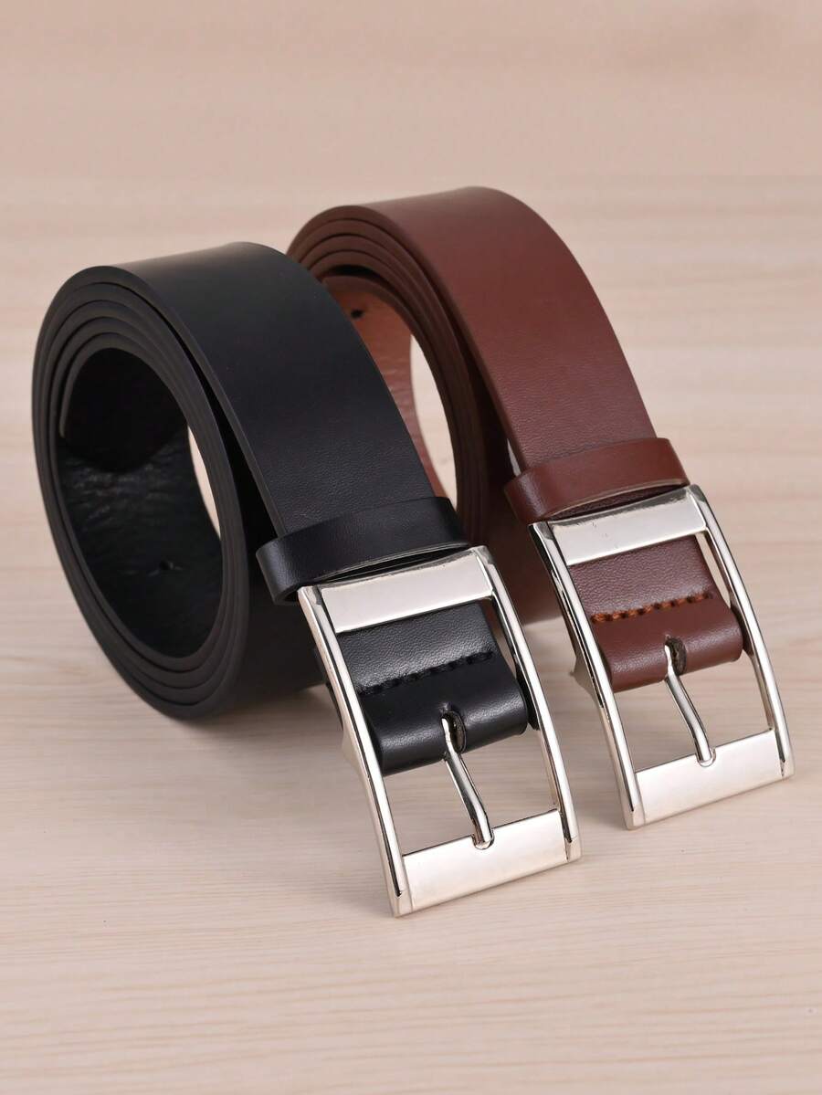 2pcs Rectangular Women's Belts, Wide On Both Ends, Minimalist Versatile Fashion PU Leather Belts, Plus Size Coffee And Black Color Set - Black + Brown (2 Pieces) - View 1