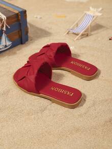 Children's Fashion Outdoor Slippers, Square Toe Flat Shoes, One-Piece Sandals, New Stylish Elegant Minimalist European And American Girls Shoes, High-End Beach Slippers - Red - View 5