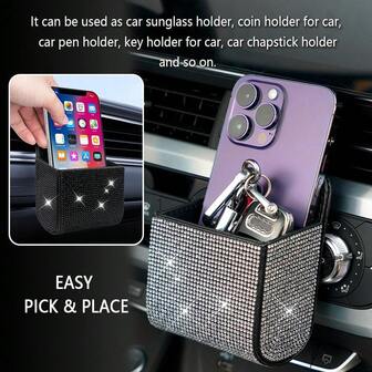 汽车配件车内收纳盒 - 1个闪亮钻石皮革收纳盒 汽车钻石空调出风口钻石收纳盒 手机卡片收纳盒