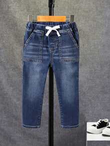 男童运动套装，复古格子图案，防皱连帽衫+多口袋工装牛仔裤，休闲儿童装，百搭单品 - 紅色 - 查看 9