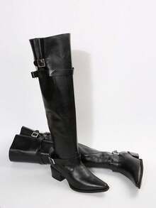 Giày bốt cao gót dày, chất liệu da PU, khóa cài kiểu Anh, khóa kéo sau, dành cho nữ, màu trơn, thời trang tối giản, đa năng, cao đến đầu gối, mùa thu/đông - màu đen - Xem 9