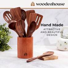 Wooden Spoons For Cooking Durable 12Piece Wooden Cooking Utensils Set With BuiltIn Holder Spoon Rest And Hooks Made From Natural Teak Wood For Nonstick Kitchen Use Ideal For Stirring Mixing And Serving In Home And Professional Kitchens - 棕色 - 查看 6
