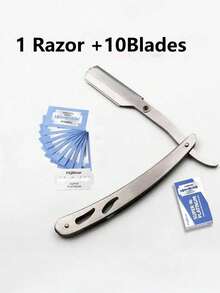 1 Black Scraper+10 Blades;Unisex Folding Travel Straight Edge Razor Set With Ultra-Thin Stainless Steel Double-Sided Blades, Suitable For Home And Salon Beauty Use - Multicolor - View 10