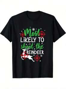 Camiseta Navideña Divertida para Hombres - Diseño de Humor de Caza "Más Probable que Dispare al Reno" con Iconos de Cruz y Rifle - Camiseta de Manga Corta Suave y Transpirable para Fiestas Navideñas, Regalos, Ropa Casual - Atuendo Casual Negro para Cazadores - Negro - Ver 2