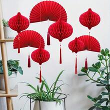 3个/5个装 悬挂流苏水滴蜂窝球和流苏纸扇装饰，适用于情人节、母亲节、周年纪念日、新年、生日、家庭聚会装饰（红色） - 彩色 - 查看 5