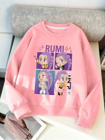 女童可爱印花圆领运动衫。舒适休闲的秋冬时尚服饰。百搭、可爱、柔软且可机洗。