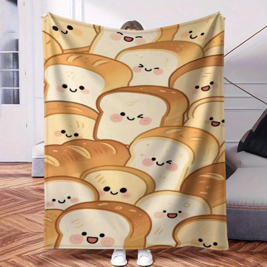 1pc Cute Toast Bread Digital Print Flannel Blanket - Soft All-Season Cozy Throw With Whimsical Smiling Bread Design, Mixed Colors, Contemporary Style For Bed, Couch, Or Gift, Bed And Couch Throw, Playful Home Decor, Plush Texture - White - View 1