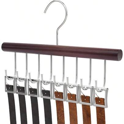 8 Hooks Belt Hanger For Closet Wood Tie Rack Hanging Holder 360° Rotating Closet Storage Organizer Space Saving For Tie Tank Top Scarf Necklace Retro Color