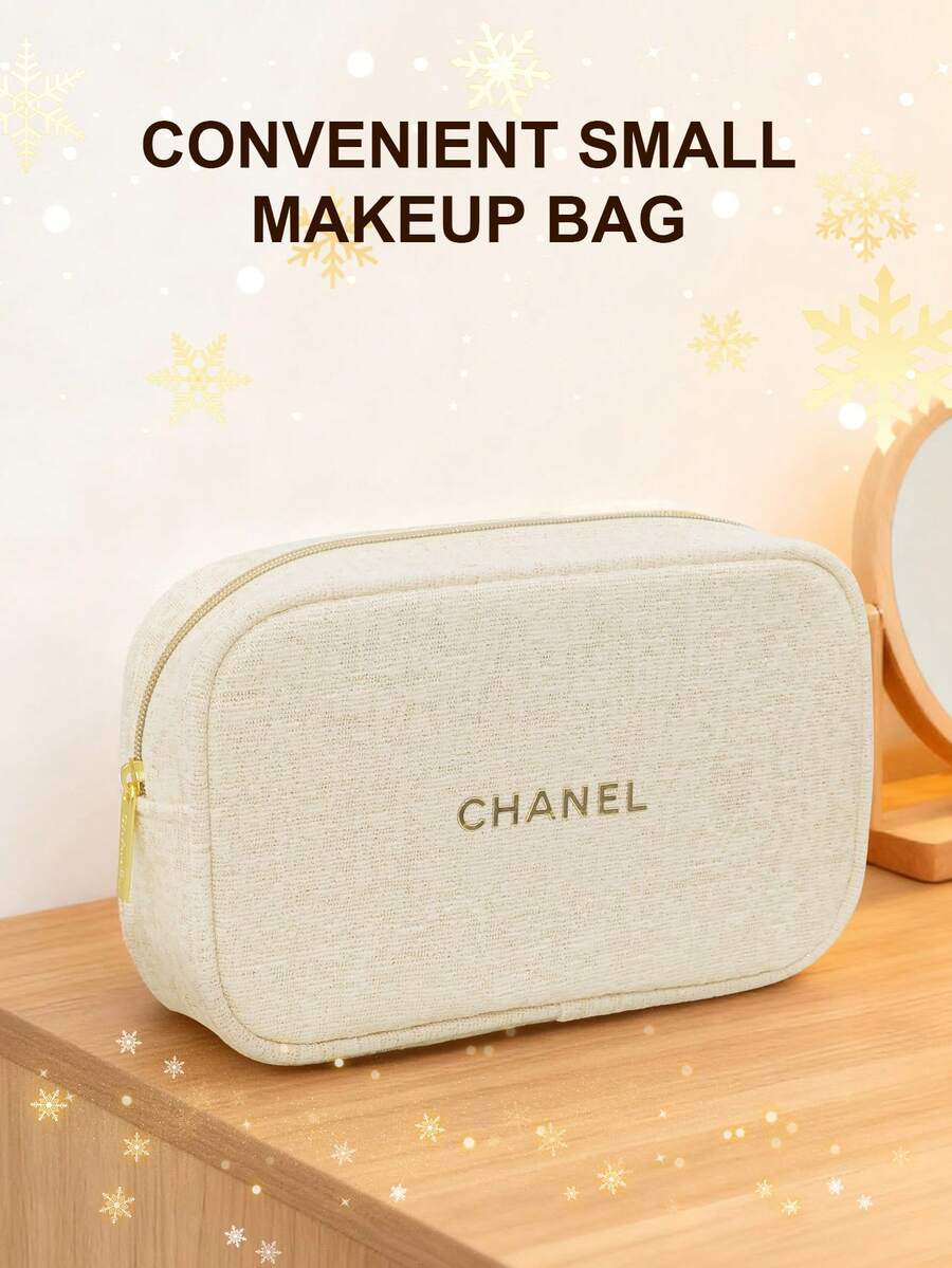 CHANEL Christmas Beige Fabric Makeup Pouch With Gold Embroidered Logo, Zippered Travel Cosmetic Bag - Platinum - View 1