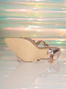 Damskie, nowe, seksowne, szpiczaste buty z kryształkami, cienkie, z paskiem na krzyż, w kolorze szampana, na wysokim obcasie, eleganckie na bankiet, formalną sukienkę, Halloween, Boże Narodzenie, Święto Dziękczynienia, Nowy Rok