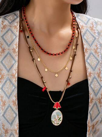 1件法式手绘莲花吊坠项链，适合圣诞节、感恩节、西式服装配饰