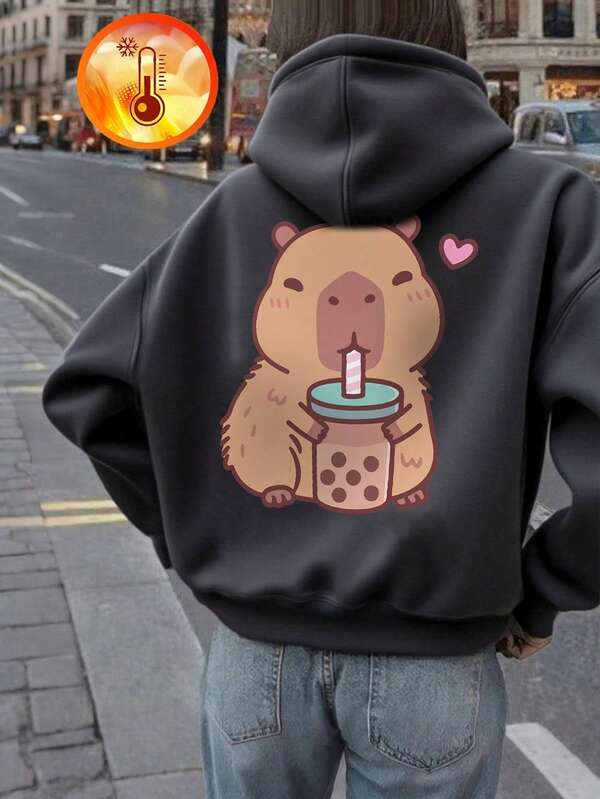 1 peça moletom com capuz estampado casual para meninas pré-adolescentes, forro térmico, manga comprida, outono/inverno