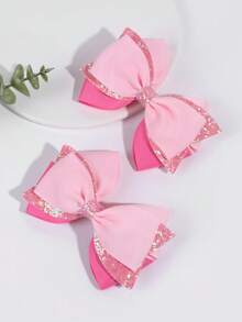 2pcs/Set Girls' Pink Satin Bow Hair Clips, Girls' Hair Accessories, Alligator Clips, Casual Sweet Cute Bow Hair Clips, Shiny Bow Hair Clips, Daily Hair Accessories - Multicolor - View 2