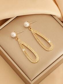1 par de pendientes de perla en forma de lágrima con rhinestones, adecuados para mujeres, versátiles para uso diario, otoño/invierno - Oro 13 - Ver 3