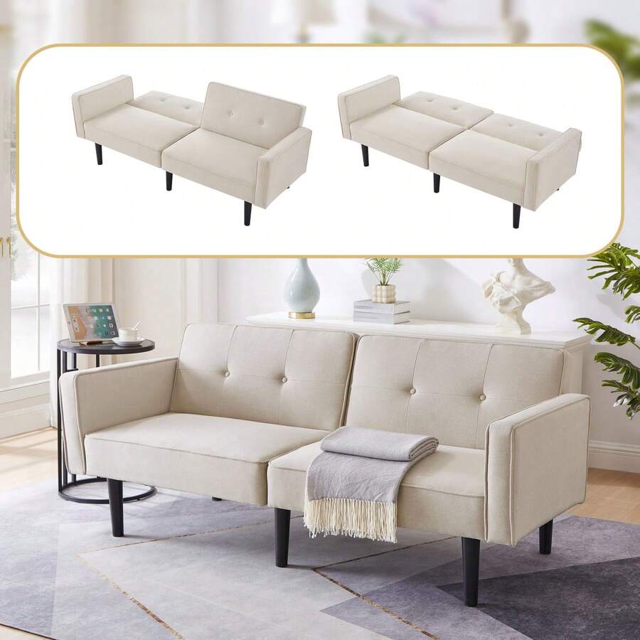 Sofa Bed With Bed Function, Adjustable Angle, Gold Legs, With Pillows And Side Storage Pockets - Beige + Foam + 2 Seat - View 1