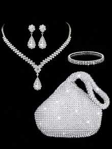 Damska modna torebka zdobiona kryształkami i luksusowy naszyjnik kryształowy, kolczyki, bransoletka 4-częściowy zestaw biżuterii na imprezę, torby imprezowe Tready, idealne na imprezę, wesele, bal, kolację/bankiet, niezbędne elementy ślubne, idealnie pasujące do sukienki na zakończenie szkoły, sukienki na bal