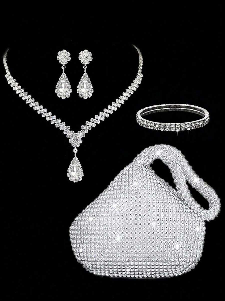 Damska modna torebka zdobiona kryształkami i luksusowy naszyjnik kryształowy, kolczyki, bransoletka 4-częściowy zestaw biżuterii na imprezę, torby imprezowe Tready, idealne na imprezę, wesele, bal, kolację/bankiet, niezbędne elementy ślubne, idealnie pasujące do sukienki na zakończenie szkoły, sukienki na bal